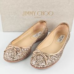 JIMMY CHOO Glitter Pumps Flat Shoes with Ribbon and Glitter, Size 34 (21cm)