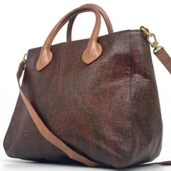 ETRO エトロ ペイズリー柄 2WAY ハンドバッグ ショルダーバッグ ブラウン ボルドー系 PVC ヌメ革 斜め掛け クロスボディ ヴィンテージ レトロ マチ広 自立 通勤 お出かけ サブバッグ レディース デイリーユース