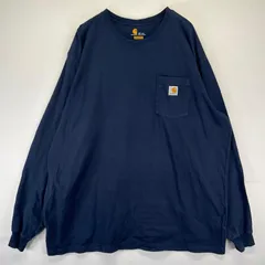 古着 カーハート Carhartt 長袖Tシャツ クルーネック ワンポイントロゴ 胸ポケット 大きいサイズ 2XL  ネイビー系 メンズ