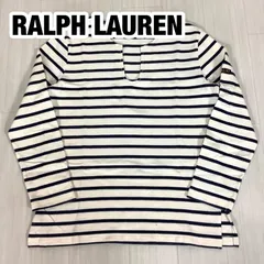 【良好】POLO SPORT  RALPH LAUREN ポロスポーツ ボーダー柄 Vネック 七分袖カットソー L  ホワイト&ネイビー 着丈58cm 肩幅38cm 身幅(脇下)46cm 袖丈49cm【古着】