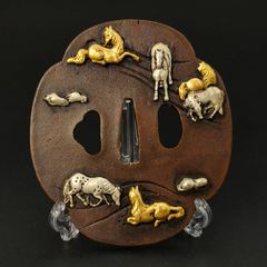 刀鍔 俊馬図 鍔立付 XG178 鍔 銅地 細工 金銀メッキ 日本刀装具 - メルカリ