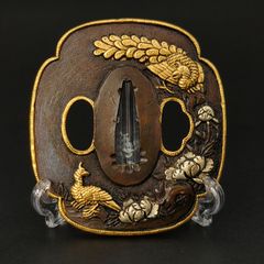 鍔 鐔 刀装具 楼閣山水図 金象嵌 小柄櫃付 - メルカリ