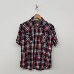 ディッキーズ レッド/ネイビー CHECK 半袖 ウェスタン シャツ レディース Lのサムネイル
