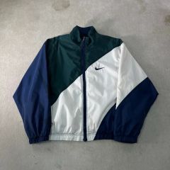 90s NIKEナイキナイロンジャケット刺繍ロゴ緑紺白グリーン短丈