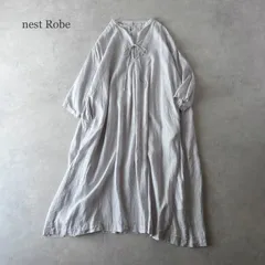 美品 / nest Robe ネストローブ / リネン100% 7分袖 バンドカラー スモックドレス ワンピース / レディース F フリーサイズ / ブルーグレー / 日本製 / ロングシャツ