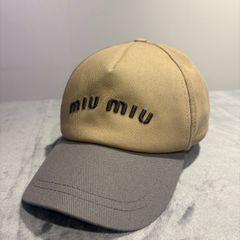miumiuドリルベースボールキャップL ロゴ 帽子 カーキホワイト美品