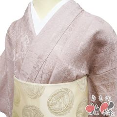 ☆605mk71☆洗える夏の着物 小紋 絽 麻の葉模様 グレージュ☆美品