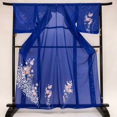 A 夏物 美品 うちわに花々 組紐 藍色 絽 紗 薄物 正絹 訪問着 着物 A 夏物 美品 うちわに花々 組紐 藍色 絽 紗 薄物 正絹 訪問着 着物