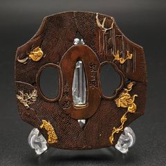 日本刀装具 刀鍔 花図 XG148 銅地 金工 細工 鍔 つば 居合用 刀剣美術
