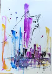 原画#501 猫 ニューヨーク 水彩画 ドローイング インテリア アート