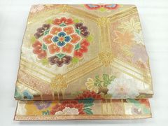 V3721 ○高級 正絹 唐織 両面六通 リバーシブル 袋帯 華文 花文 七宝