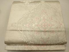 A◇着物くつろぎ 正倉院文様 銀糸 白 華文 六通 正絹 フォーマルな袋帯