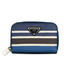 PRADA プラダ コインケース トライアングルロゴ 2MM003 ブルー ブラック ホワイト系 SAFFIANO BAIADE ユニセックス ラウンドファスナー シルバー金具 ストライプ 三角ロゴ 超美品