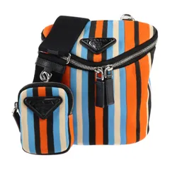 PRADA プラダ  ショルダーバッグ 2VH147 キャンバス レザー  オレンジ×ブルー×アイボリー×ブラック  シルバー金具 トライアングルロゴ ポーチ付き ポシェット ストライプ 三角ロゴプレート 