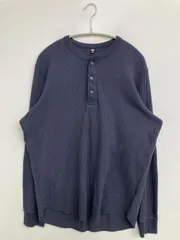 UNIQLO ユニクロ Tシャツ/カットソー L ネイビー 無地 ミドル丈 長袖 ヘンリーネック