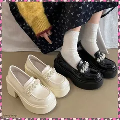 パールビジュー厚底ローファー フェミニン ボリュームソールローファーレディース 歩きやすい 太ヒールパンプス チャンキーヒール PUレザー ドレスシューズ お嬢様 地雷系シューズ脚長 身長盛れ靴痛くない 学院風ローファー黒