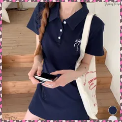 ポロカラーミニワンピース リボン刺しゅう ワンポイントワンピース 大人可愛いAラインワンピ 細見え半袖ワンピース カジュアル スポーティーワンピ 韓国風ポロワンピ 着やせゴルフウェア POLO襟 ワンピ Tシャツワンピース