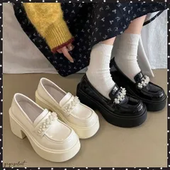 パールビジュー厚底ローファー フェミニン ボリュームソールローファーレディース 歩きやすい 太ヒールパンプス チャンキーヒール PUレザー ドレスシューズ お嬢様 地雷系シューズ脚長 身長盛れ靴痛くない 学院風ローファー黒 送料無料