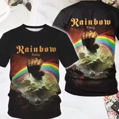 新品 レインボー RAINBOW ドライ生地 Tシャツ XLサイズ 総柄 アルバム バンドTシャツ ミュージックTシャツ アーティストTシャツ 両面プリント ロック メタル バンティー バンT 半袖 夏物 夏服 アメカジ アメリカン US リッチーブラックモアのサムネイル