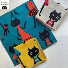【マタノアツコ / Atsuko Matano】今治　3重ガーゼミニハンカチ MEMEファッション クロネコメメ黒猫 コットン１００ 綿100% ハンドタオル｜3種類から選べる  オフホワイト / イエロー / グリーン｜ねこ猫ネコキャットcatのサムネイル