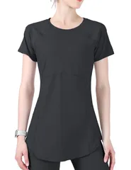 [Ranmy Stage] 【くびれシルエット】 ヨガウェア トップス 半袖 スポーツTシャツ レディース 体型カバー 速乾 薄手 丈長め 伸縮性 スポーツ ジム トレーニング ランニング ウェア ブラック M