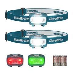 DuraBrite ヘッドライト 電池式 LEDヘッドランプ 【2個セット】 白＆赤＆緑ライト 5つ点灯モード 65°角度調整可能 超軽量 高輝度 単4形電池6本付き 防水 アウトドア用 防災用 夜釣り 登山 キャンプ 散歩 作業 災害 停電用 ブルーのサムネイル