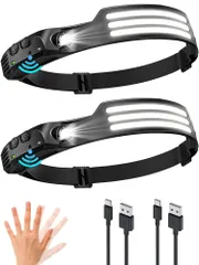 [白光2個セット] COB LED ヘッドライト 230° USB type-c 充電式 230° 人感センサー機能 1000ルーメン 高輝度 ヘッドランプ 5点灯モード ヘルメット ライト 高輝度 夜釣り ライト 軽量 防水 停電 防災 登山 夜釣り 自転?のサムネイル