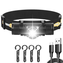 ONUEMP ヘッドライト 軽い 明るい 500ルーメン 密閉型防水 LED ヘッドランプ 持続点灯 防水防塵 5種点灯モード SOS点滅 可能 集光・散光切替 隠れ式充電ポート 伸縮可能ヘッドバンド 軽量 アウトドア用ヘッドライト 登山/作業用/夜釣り/キャのサムネイル