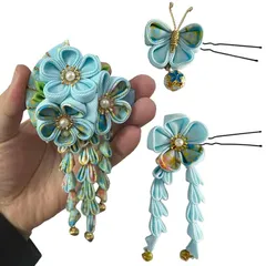 【新品】 髪飾り 和装 扇型 3点セット 和風 浴衣 飾り レディース ヘアピン ヘアクリップ ファンヘアアクセサリー 浴衣 着物 振袖 成人式 結婚式 七五三 卒業式 花火大会 袴 和装小物 (ブルー) 0
