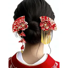 【新品】 髪飾り 和風 扇型 2点セット 和装 ヘアクリップ レディース ヘアピン つまみ細工 花 タッセル ヘッドドレス ファンヘアアクセサリー 浴衣 着物 振袖 子供髪飾り 漢服 成人式 卒業式 結婚式 夏祭り 七五三 花火大会 袴 和装小物