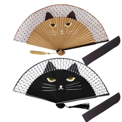 【新品】 IMPACTオンライン 扇子 猫 グッズ レディース シルク センス 黒猫 おもしろ 雑貨 頑丈 ２本 (黒猫＆茶猫) 1