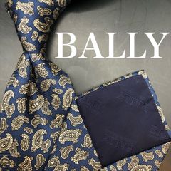BALLY バリー 高級ネクタイ 青 黄色 幾何学 スクエア 総柄 小紋柄 