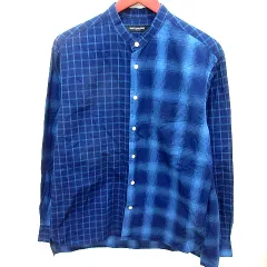 ナノユニバース nano universe シャツ ノーカラー 長袖 チェック M 青 ブルー /RT