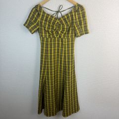 Checkered short-sleeved dress, yellow, size F, women's, vintage, retro, gal style.