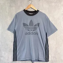 90s アディダスオリジナルス Tシャツ M グレー ブルー トレフォイル ビッグロゴ 三本線 サイドライン リンガー リンガーT リンガーネック 半袖 デサント スポーツ ストリート Y2K 古着女子