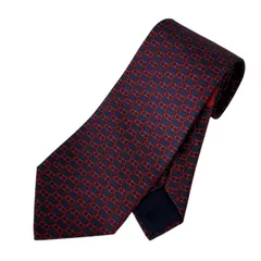 HERMES エルメス ネクタイ 紺系 赤 ネイビー系 レッド 鎖 総柄 父の日 プレゼント 高級 ビジネス スーツ 仕事 小物 シルク メンズ
