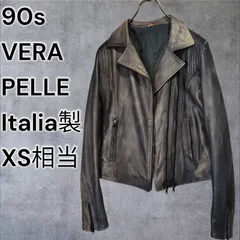 イタリア製 ユーロヴィンテージ 本革 ダブルライダースジャケット シープスキン 羊革 レザージャケット 茄子紺 炭黒 フェード 古着 VERA PELLE Double Riders Leather Jacket Navy Gray 42 極細身メンズXS相当のサムネイル