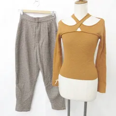 ムルーア MURUA リッチグラマー Riche glamour ニット パンツ 2枚セット 長袖 ホルターネック テーパードパンツ チェック 茶 ブラウン F M