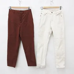 ニコアンド Niko and.. グローバルワーク GLOBAL WORK デニム パンツ 2枚セット ロング丈 ストレッチ 白 茶 ホワイト ブラウン XS S