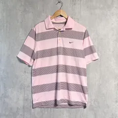 【人気】ナイキゴルフ 半袖 ポロシャツ L ピンク グレー ボーダー柄 DRI-FIT NIKE GOLF ドライフィット スポーツウェア トレーニング ゴルフウェア スウッシュ 刺繍ロゴ ビンテージ 古着 ストリート【送料無料・Y2K】