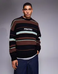 エイソス メンズ アウター ニット・セーター セーター ニット グラフィック ASOS DESIGN oversized knit striped sweater with chest graphicのサムネイル