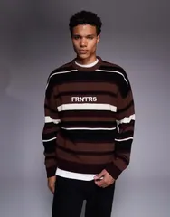 エイソス メンズ アウター ニット・セーター セーター ニット グラフィック ASOS DESIGN oversized knit striped sweater with chest graphicのサムネイル
