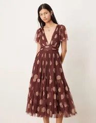 レース アンド ビーズ レディース トップス ワンピース Vネック チュール ミディワンピース ドット ミディ Lace Beads v neck tulle midi dress in rose brown beige polka dots ROSE BEI