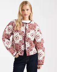 エイソス レディース アウター ジャケット・ブルゾン プリント キルティング ASOS DESIGN quilted jacket with bandana print in cream and Baのサムネイル