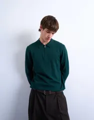 トップマン メンズ トップス ポロシャツ ニット Topman essential knit zip polo in dark DARK GREEN グリーンのサムネイル