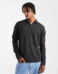 ブレーブソウル メンズ アウター ニット・セーター ハーフジップ Brave Soul fine knit quarter zip sweater in charcoal gray チャコール