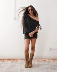 モンキ レディース トップス ワンピース ドレープ ミニ Monki long sleeve draped mini dress Black ブラック