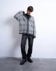 トップマン メンズ アウター カーディガン ニット Topman knit diamond cardigan Gray グレーのサムネイル