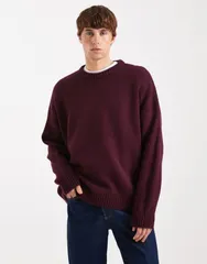 エイソス メンズ アウター ニット・セーター クルーネック ASOS DESIGN oversized knitextured crew neck sweater Burgundy バーガンディのサムネイル