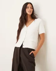 マンゴ レディース アウター カーディガン Mango fluffy short sleeve cardigan WHITE ホワイトのサムネイル